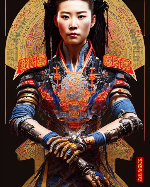 Image similar to portrait of a chinese cyberpunk machine horizon zero dawn, machine face, robed upper half portrait decorated with chinese opera motifs regal royal fierce machine robot cyberpunk fine china wuxia traditional chinese art intricate intense elegant highly detailed digital painting artstation illustration, art by artgerm and greg rutkowski alphonse mucha 8 k