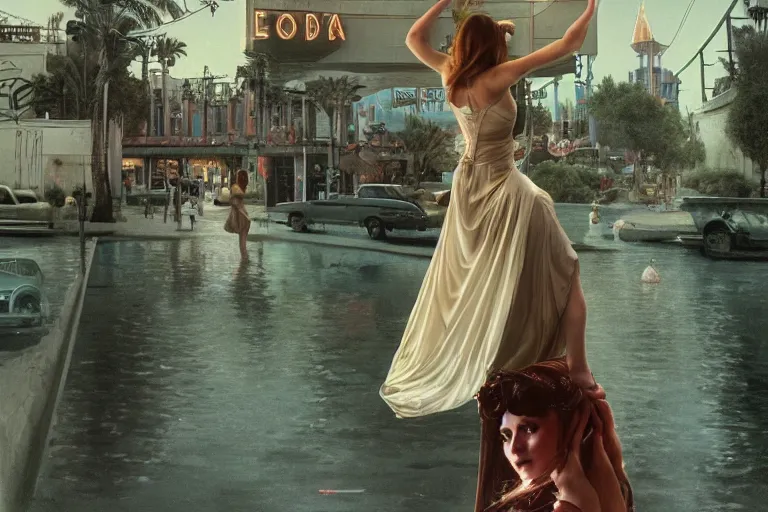 Image similar to photography of gregory crewdson, 1 9 7 6 portrait of a woman floating in the air, background is a vegas street scene, deep focus, intricate, elegant, highly detailed, artstation, concept art, matte, sharp focus, art by artgerm and greg rutkowski and alphonse mucha