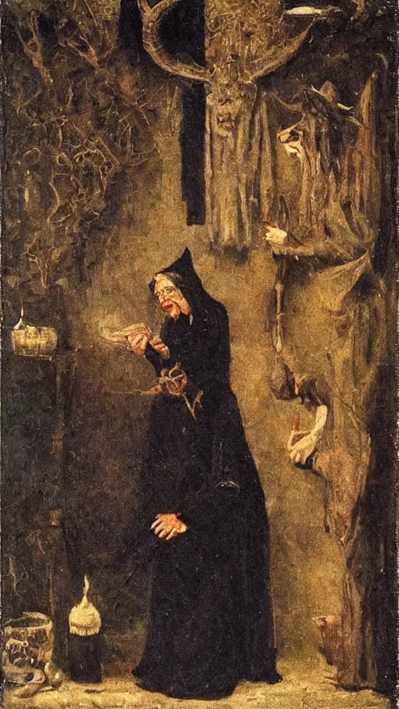 Image similar to witch paying for her sins, victorian painting