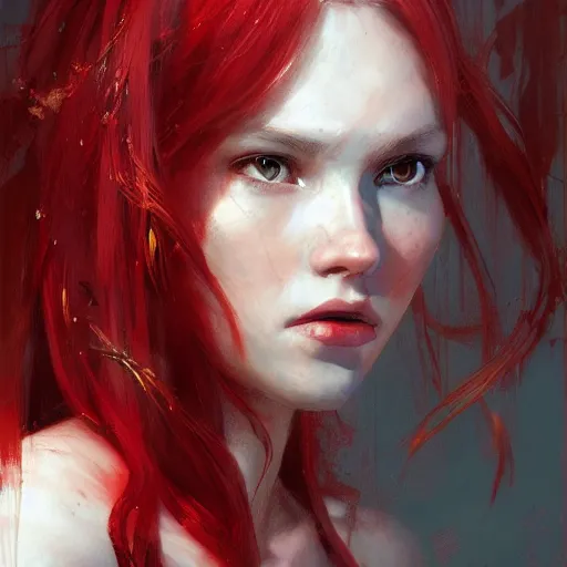 Prompt: elf girl, long red hair, beautiful features, portrait, painting by alphonse muca, greg ruthowski, craig mullins, ruan jia, wlop, very beautiful and detailed, artstation, high quality