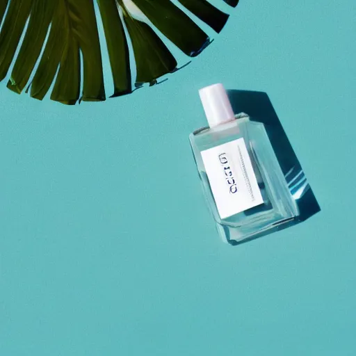 Prompt: centered bright perfume bottle sitting in shallow clear blue rippling water surrounded by a plethora of white flowers and tropical leaves and fauna upfront, with dreamy bright blue sky and clouds in the background, softly - lit, soft - warm, zen, light, modern minimalist f 2 0 clean