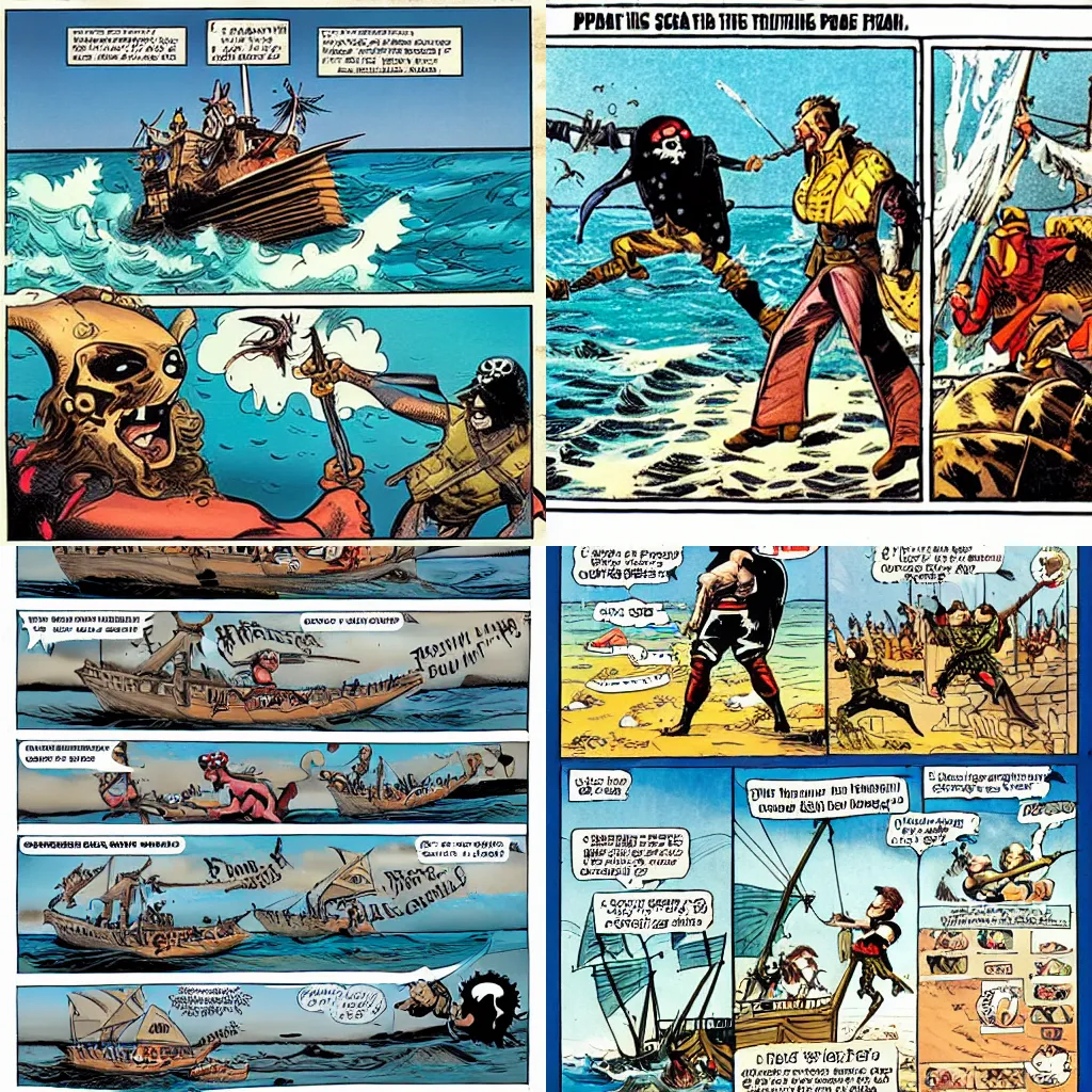 Prompt: a comic book page of 2 pirates, fighting on top of pirate ship mid day, in the sea