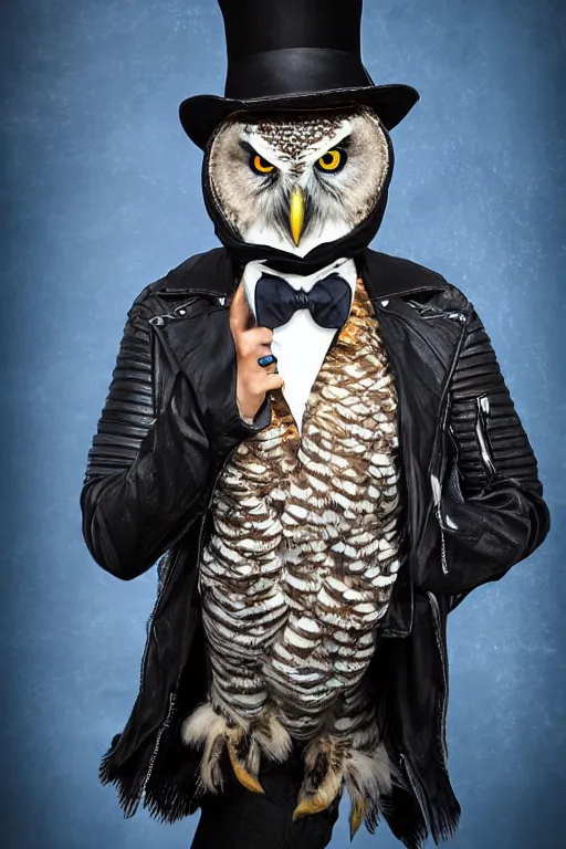Prompt: one owl wearing black biker jacket, portrait photo, backlit, background has kobalt blue shapes, studio photo, suit, bow tie, tophat, tophat