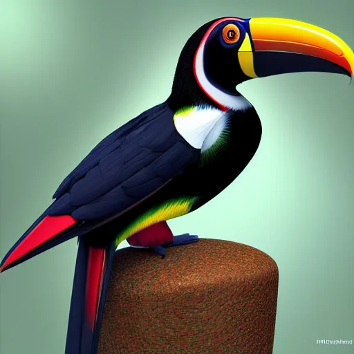Prompt: photorealistic toucan. hyperdetailed photorealism, 1 0 8 megapixels, amazing depth, high resolution, 3 d shading, 3 d finalrender, 3 d cinematic lighting, glowing rich colors, psychedelic overtones, artstation concept art.