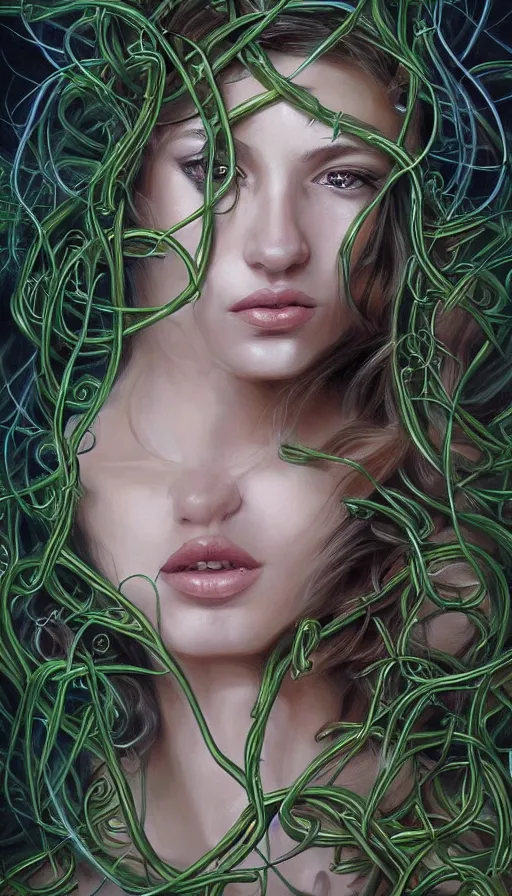 Prompt: very detailed portrait of a 2 0 years old girl surrounded by tentacles, the youg woman visage is blooming from fractal and vines, by rob hefferan