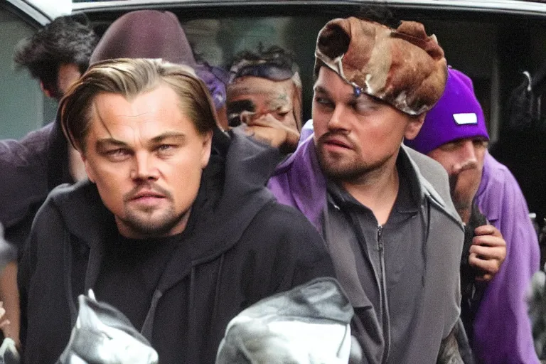 Prompt: medium full shot of leonardo dicaprio as a gang member wearing a purple head covering made from a polyester or nylon material and a stained white tank top caught beating up a rival gang member with his goons, arms covered in gang tattoo, paparazzi, leaked footage, uncomfortable, bad quality