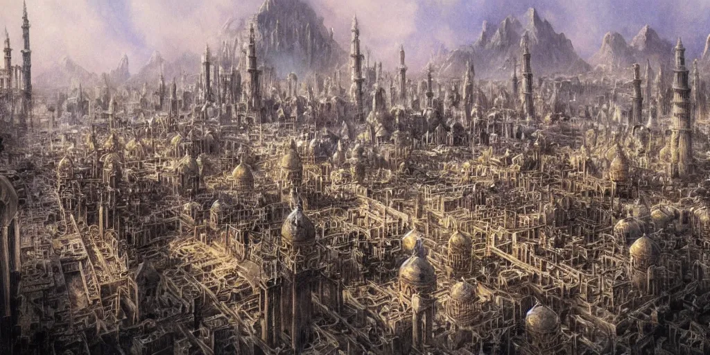 Prompt: a painting of epic fantasy islamic city by alan lee, trending on artstation