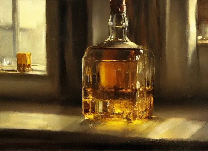 Image similar to oil painting of whiskey bottle, art by anders zorn, wonderful masterpiece by greg rutkowski, beautiful cinematic light, american romanticism by greg manchess