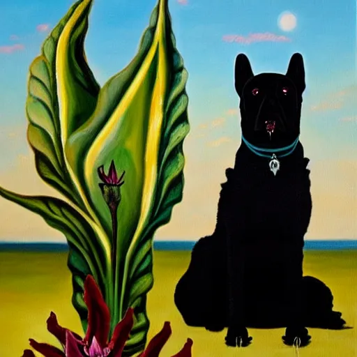 Image similar to oil painting of datura strammonium flowers with a vicious black dog in the foreground