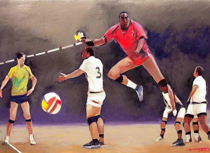 Image similar to a highly detailed beautiful portrait of notorious big playing voleyball, by gregory manchess, james gurney, james jean