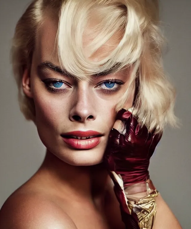 Image similar to a color photograph of margot robbie, by thomas ruff, platinum blond, intense, bold, exaggerated, ultra sharp, extra details, ultra high quality, trending on pinteresst