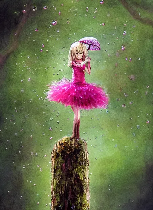 Prompt: A tiny female tree sprite with a tattered pink tutu, mushroom umbrella, moss, dewdrops, watercolor, dramatic lighting, cinematic, establishing shot, extremely high detail, foto realistic, cinematic lighting, pen and ink, intricate line drawings, by Yoshitaka Amano, Ruan Jia, Kentaro Miura, Artgerm, post processed, concept art, artstation, matte painting, style by eddie mendoza, raphael lacoste, alex ross,