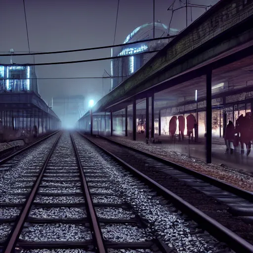 Prompt: locomotive arriving to train station in a horror city. black metal. nightmarish, horrific, scary, atmospheric, epic scene, unreal engine render, octane render