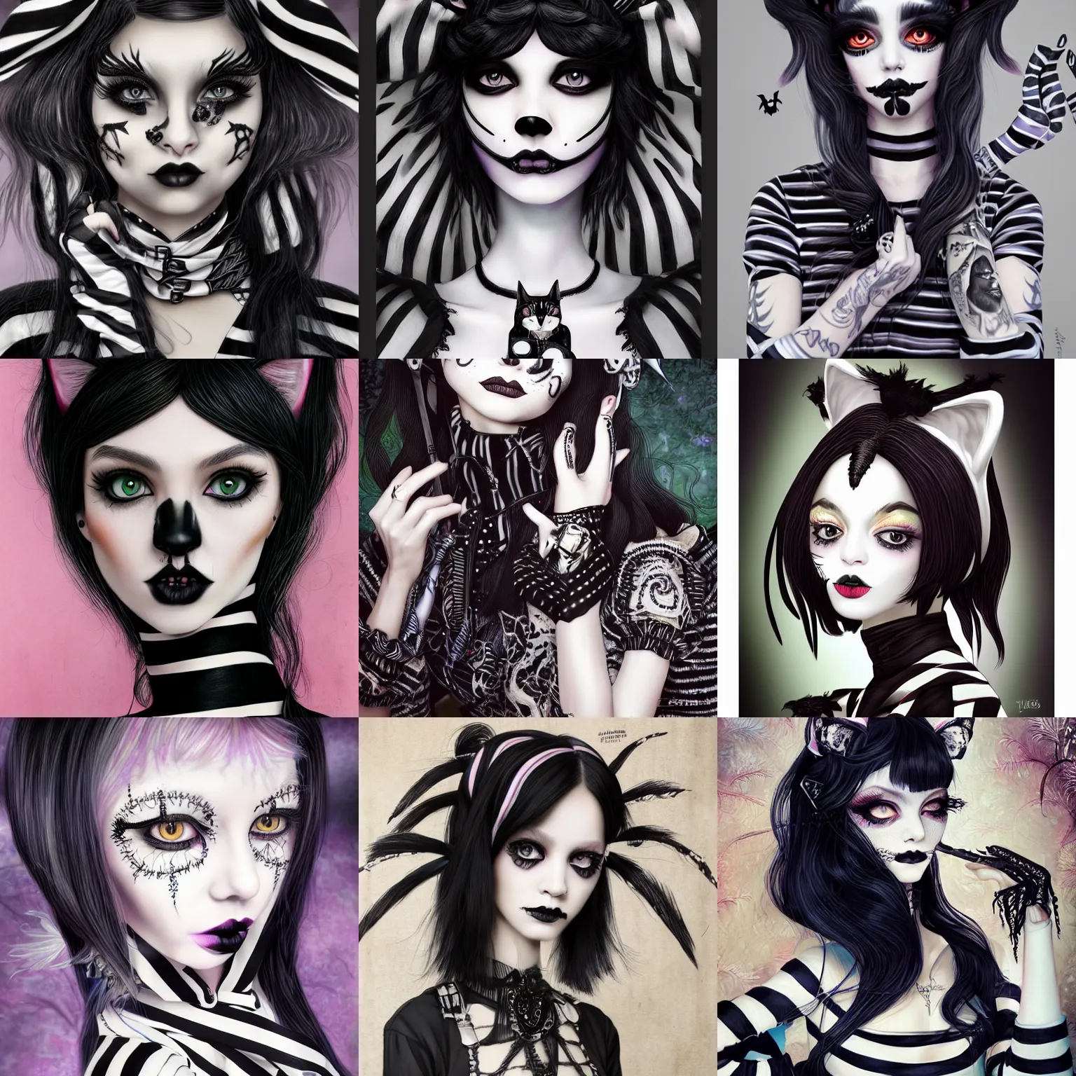 Prompt: portrait of a goth catgirl, striped clothes, highly detailed, intricate, by victoria frances, artgerm, xiaoguang sun, tim burton, benjamin vnuk