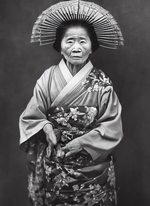 Image similar to a wet plate portrait of a old asiatic woman, geisha, traditional dress, flowers, photorealistic, cinematic light, highly detailed, smooth, sharp focus, illustration, shallow depth of field