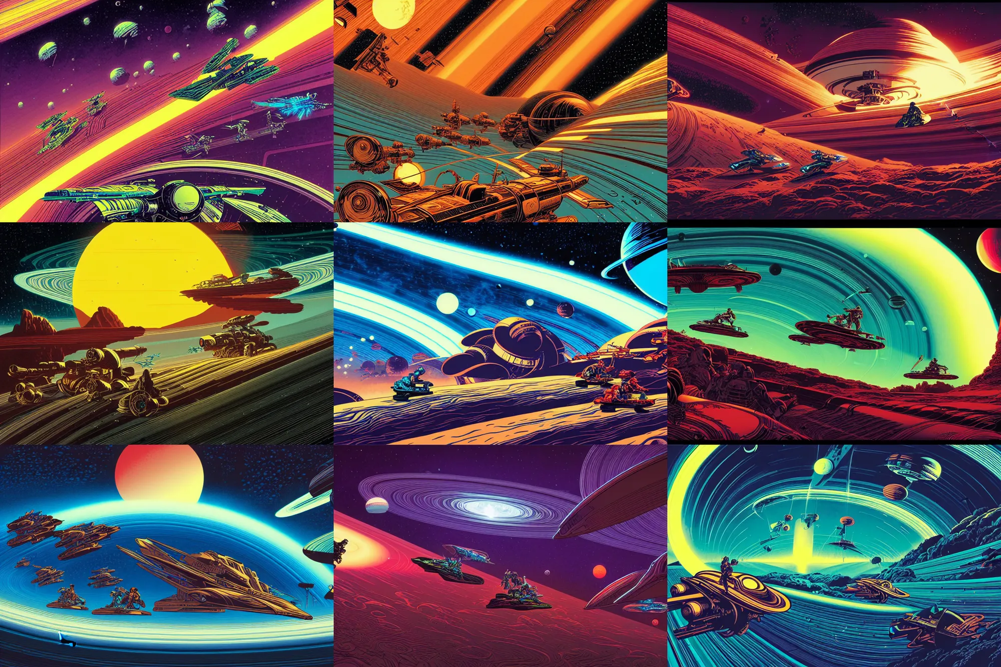 Prompt: artwork by kilian eng and ( dan mumford ) and toshi yoshida and franklin booth showing a speederbike race on the rings of saturn, vintage scifi, high details, dramatic lightning,, 8 k