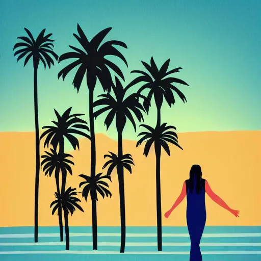 Image similar to woman walking with backdrop showing the sky, palm trees. in minimal colourful geometric illustration style digital painting