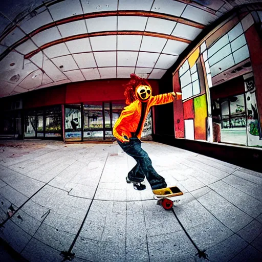 Image similar to “ a highly detailed photo of a clown skateboarding in an abandoned mall, fisheye lens, sharp focus, award winning, 8 k ”