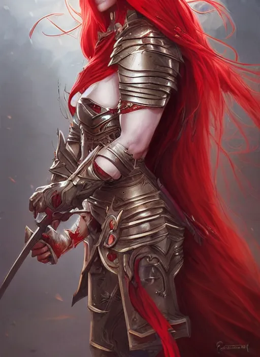 Image similar to beautiful warrior lady, red long hair, practical armor, shiny white skin, demonic eyes, low fantasy, extremely detailed, sharp focus, smooth, digital illustration, by rossdraws, frank franzzeta, sakimichan