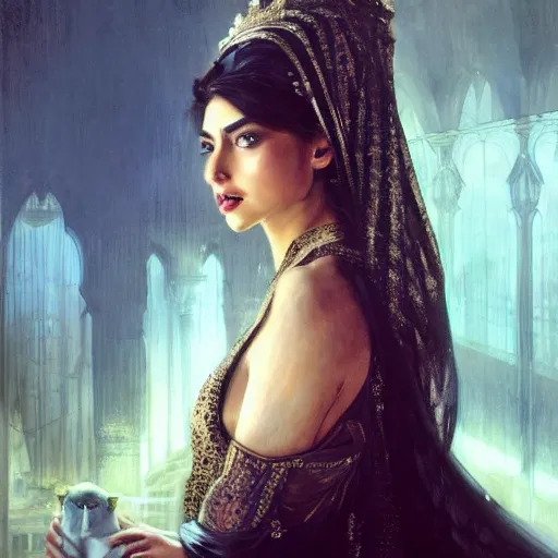 Image similar to a Photorealistic dramatic hyperrealistic render of an arab, queen Esther, ameera al taweel, green eyes, middle Eastern skin, eyes, black hair, white veil, with a pet lion by WLOP,Artgerm,Greg Rutkowski,Alphonse Mucha, Beautiful dynamic dramatic dark moody lighting,shadows,cinematic atmosphere,Artstation,concept design art,Octane render,8K