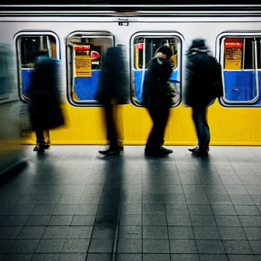 Image similar to people of rer b, subway, atmosphere, sad mood