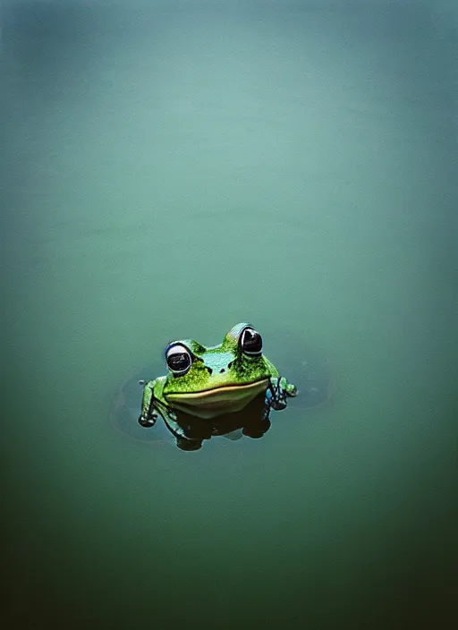 Image similar to “smiling frog vertically hovering over misty lake waters in jesus christ pose, low angle, long cinematic shot by Andrei Tarkovsky, paranormal, eerie, mystical”