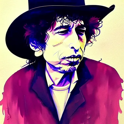 Image similar to an ultradetailed painting of bob dylan wearing a cowboy hat and smirking by conrad roset, greg rutkowski and makoto shinkai trending on artstation