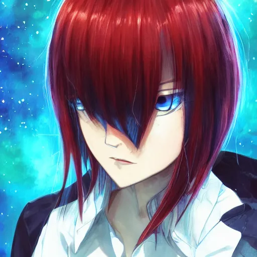 Image similar to full face shot of rimuru tempest, sky blue straight hair, long bangs, with bright amber eyes, wearing a fancy black jacket, high collar, ultra detailed, brush strokes, digital painting, cinematic, wlop artstation, closeup, pixiv, intense, intimidating glare, overpowering, yoshitaka amano, junji ito,