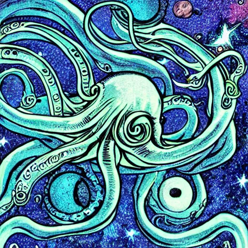 Image similar to space octopus planets stars tentacles eyes light forward facing arms