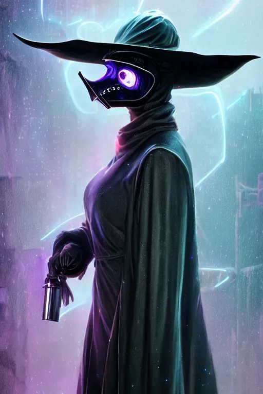 Image similar to wow! 3 / 4 stunning photorealistic portrait of a female plague doctor with a nebula aura in a kowloon! cyberpunk cityscape, bioluminescent bodysuit, acid rain, dark scifi, by artgerm and sorayama and alphonse mucha, ultrarealistic, hyperdetailed, trending on artstation, octane render