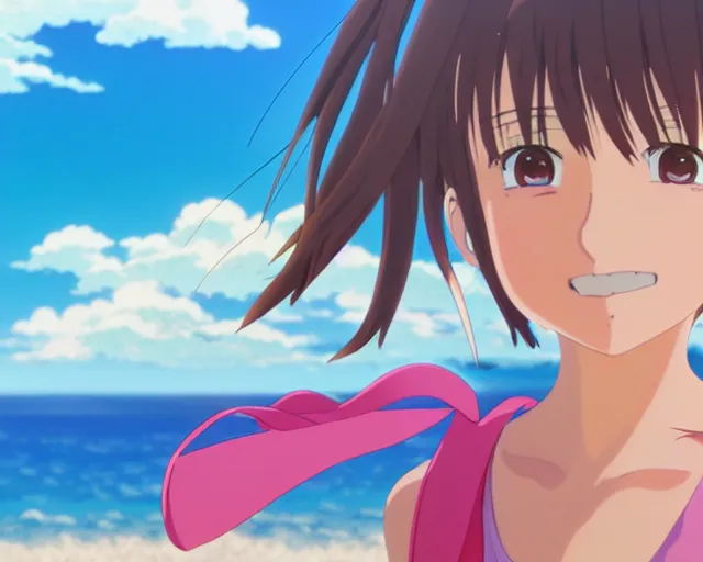 Image similar to anime fine details portrait of joyful girl at beach anime masterpiece by Studio Ghibli. 4k render.