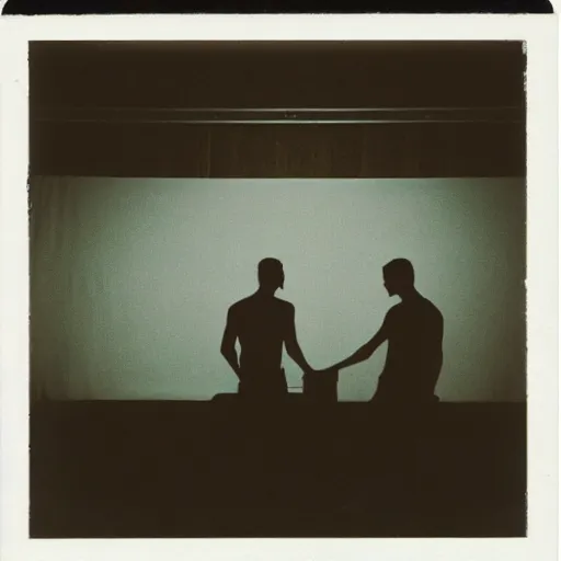 Image similar to Two male silhouettes on an empty theatre stage, polaroid picture, colour, bright