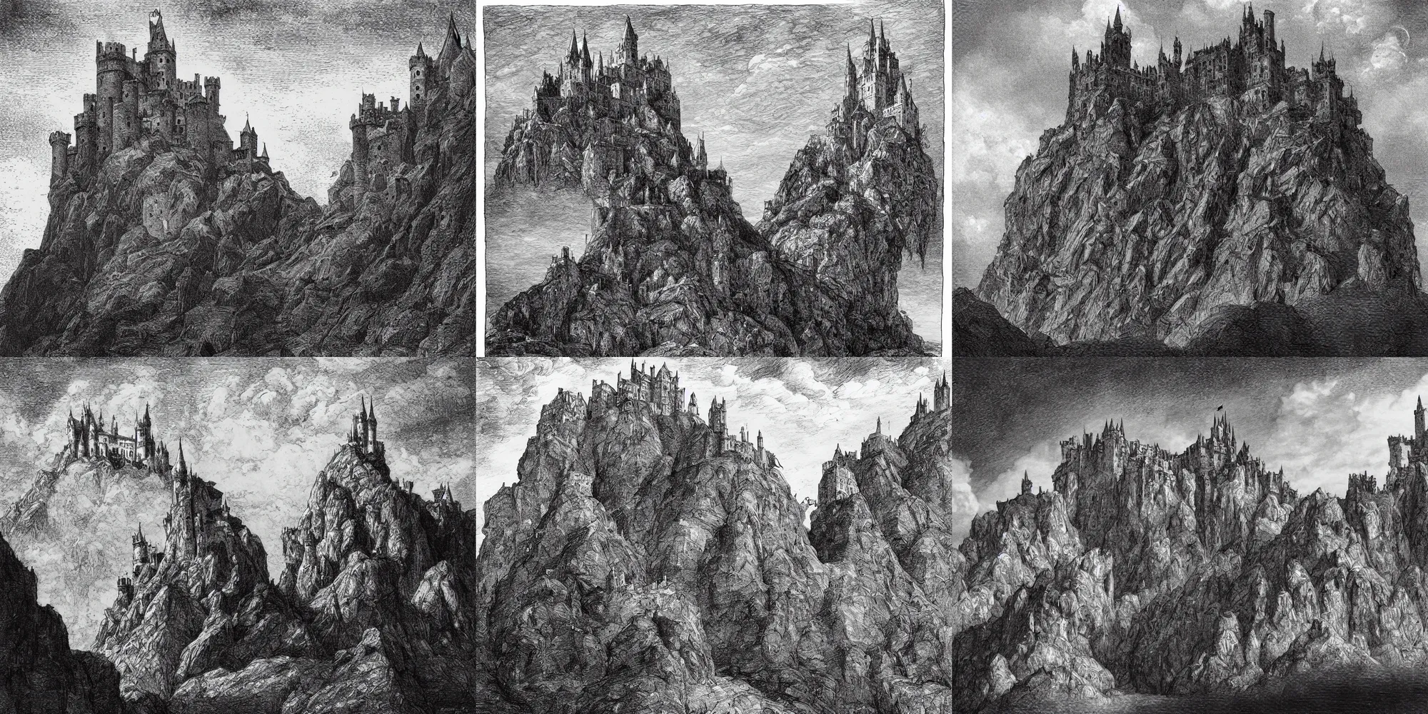 Prompt: a black and white illustration of gormenghast, a castle on a huge rock, seen from a distance by gustave dore, storybook illustration, highly detailed, looking up, clouds, pen and ink on paper