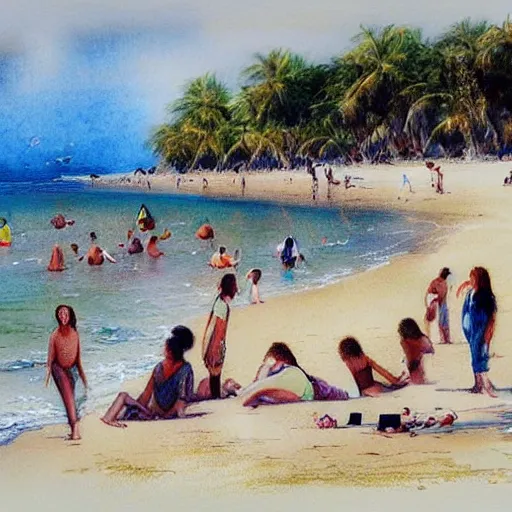 Prompt: A beautiful drawing of a group of people on a beach. The colors are muted and the overall tone is serene. The people are all engaged in different activities, from reading to playing games, and the artwork seems to be capturing a moment of peace and relaxation. by Robert Hagan, by Luis Royo