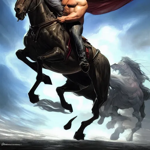 Image similar to chonky ethan van sciver with a bald head and grey trimmed beard with a pointy nose as the first horseman of the apocalypse riding a strong big black stallion, horse is up on its hind legs, beautiful artwork by artgerm and rutkowski, breathtaking, beautifully lit, dramatic, full view