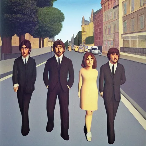 Image similar to beatles walk across the road by Raphael, Hopper, and Rene Magritte. detailed, romantic, enchanting, trending on artstation.