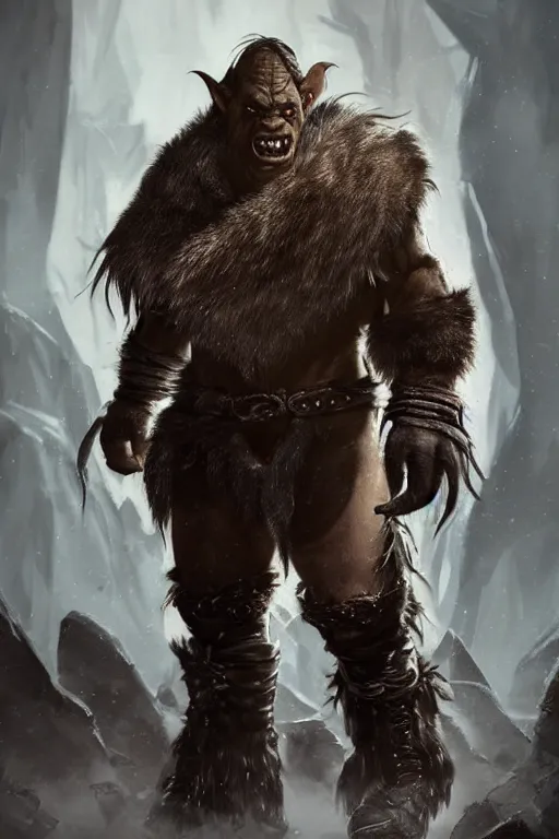 Prompt: A full body shot of a handsome orc looking into the camera wearing a leather fur jacket and boots, full body shot, detailed face, orc, orcish, portrait, artstation, realistic, highly detailed, symmetrical, D&D, Dungeons & Dragons, hyper realistic, dynamic pose, high detail, octane render, unreal engine, 8k, fantasy art, highly detailed, dramatic lighting, concept art