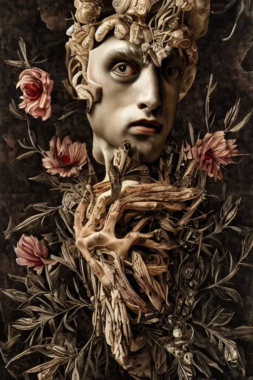 Prompt: Detailed maximalist portrait a greek god with large lips and with large white eyes, exasperated expression, botany bones, HD mixed media, 3D collage, highly detailed and intricate, surreal illustration in the style of Caravaggio, dark art, baroque