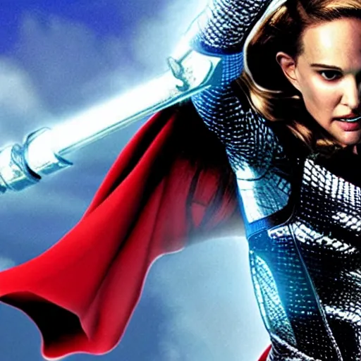 Image similar to Natalie Portman is female Thor, flying through the sky, graphic novel