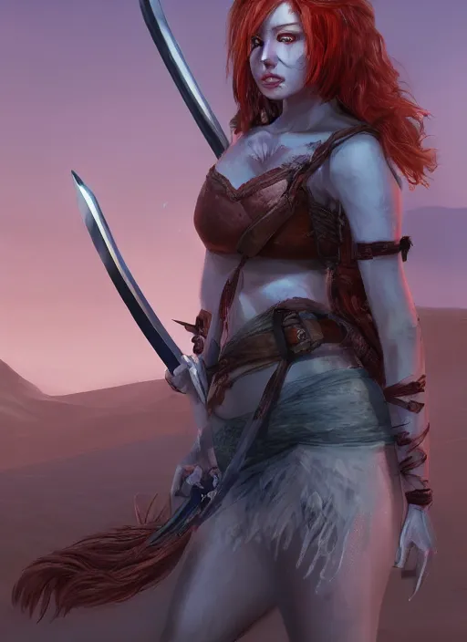 Image similar to Redhead girl which chest wrapped in bandages with katana in desert, fantasy, medieval, vivid colors, fantasy, elegant, concept art, sharp focus, beautiful face, digital art, Hyper-realistic, 4K, Unreal Engine, Highly Detailed, HD, Dramatic Lighting by Brom, trending on Artstation