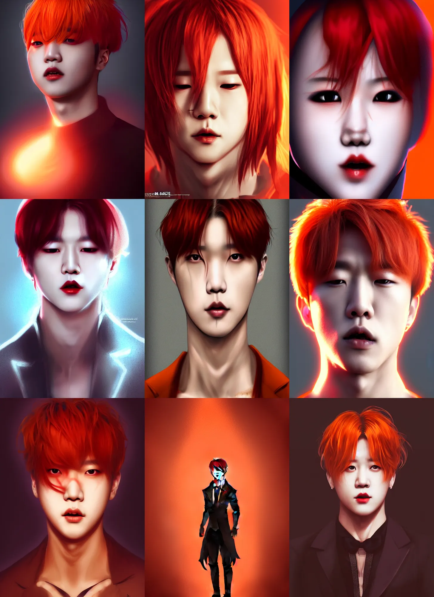 Image similar to park jimin as a vampire. wearing intricate styled outfit, semi realism, anime realism, symmetrical face, slim face, distinctive features, appealing, photorealism, uhd, amazing depth, glowing, golden ratio, sakimichan, greg rutowski, volumetric lighting, cinematic lighting, red orange lighting, artstation concept art