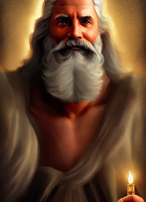 Image similar to zeus god of the sky holding the lightings + older man with a beard + father of all gods and humans + beautiful face and pretty face + intricate complexity, rule of thirds, style by artgerm, dramatic lighting