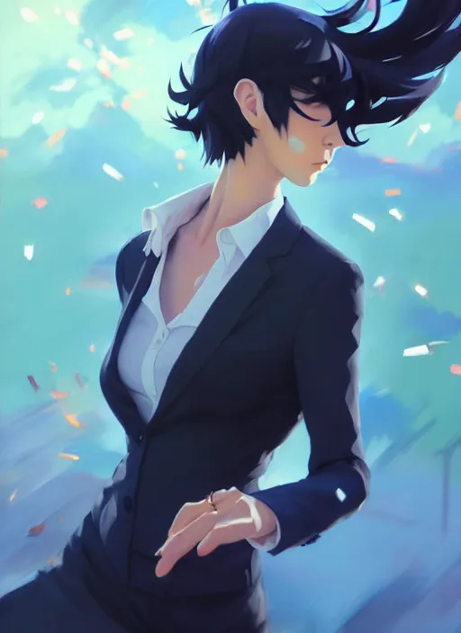 Prompt: a ultradetailed beautiful panting of a stylish woman wearing a shirt with a tie, she has black hair, dancing, background explosion, by makoto shinkai, jesper ejsing, rhads, makoto shinkai, trending on artstation