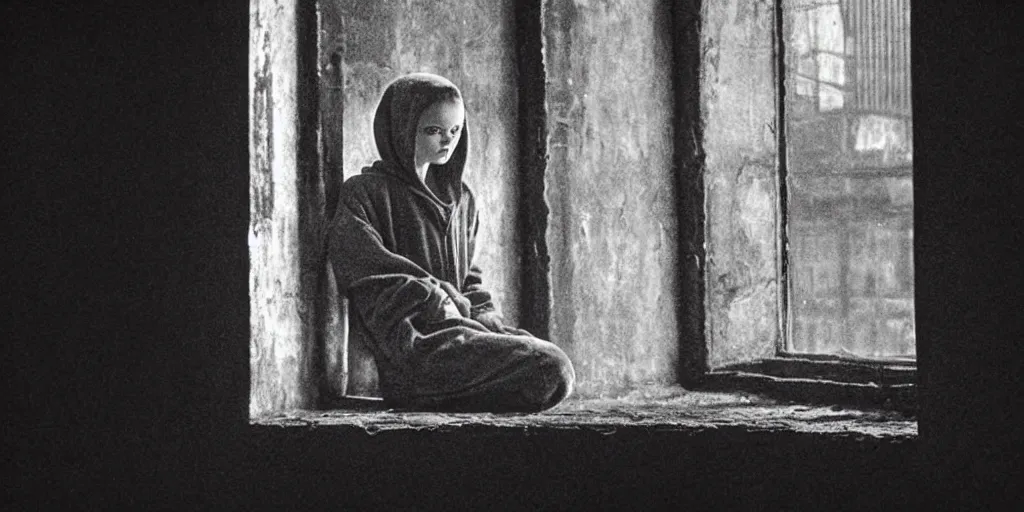 Image similar to at night, sadie sink in hoodie sits on windowsill, knees tucked in | rain falls, old brick wall with ussr propaganda posters : 3 5 mm film, anamorphic, single long shot from schindler's list by steven spielberg. cyberpunk, cinematic atmosphere, detailed and intricate, perfect anatomy