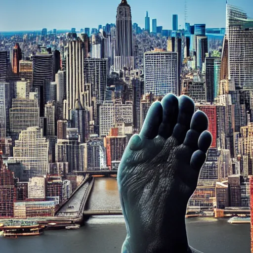 Prompt: a big foot crushing the nyc skyline