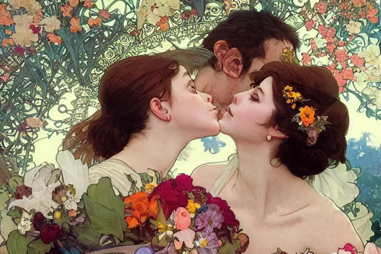 Image similar to the groom kisses the bride at a wedding full of flowers, bright and happy, dreamlike art, highly detail, 4 k realistic, wedding photoy krenz cushart. artem demura. alphonse mucha. yoji shinkawa artgerm. jon lothian. danilo torres. adi meyers. thomas reimann. gaston bussiere.