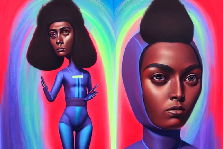 Prompt: patron saint of 🛸🌈👩🏾, futuristic jumpsuit, neon god of city character portrait, in the style of margaret keane, moebius, tom bagshaw, and waterhouse, cinematic lighting, beautiful, elegant, oil painting,