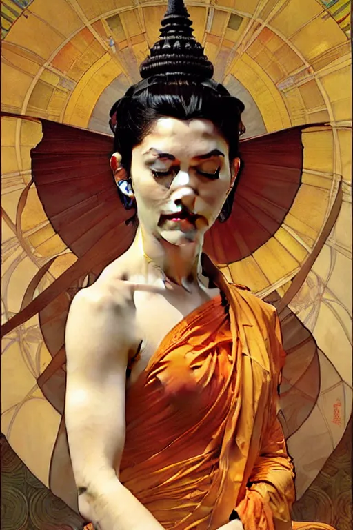 Image similar to buddhism, painting by greg rutkowski, artgerm, j. c. leyendecker, alphonse mucha