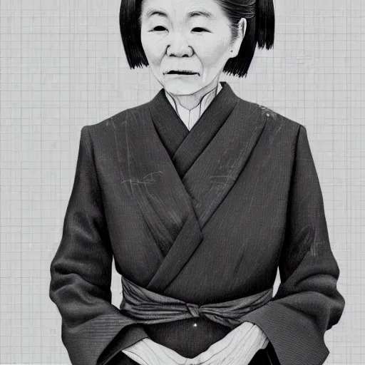 Image similar to portrait of an elderly Japanese woman dressed on a suit and tie, her hair in a tight bun, a serious expression on her face, digital art, elegant pose, detailed illustration