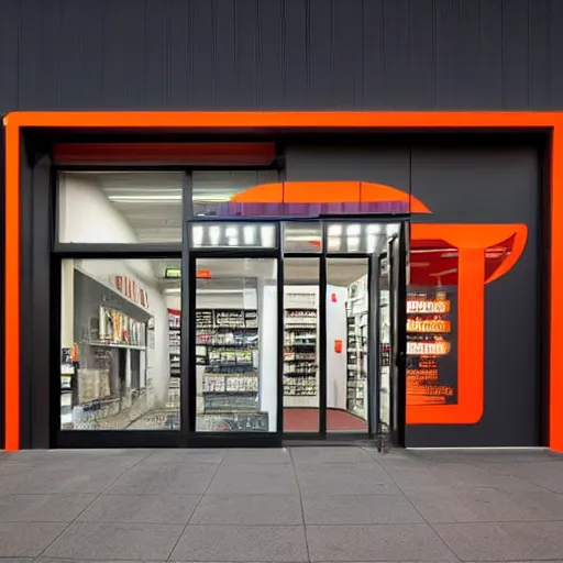 Image similar to Award winning shopfront design, convenience store, dark grey, anthracite with bright red and orange accents, perforated metal, paint, laser cut textures, highly detailed, bright signage, vinyl on glazing, retaildesignblog.net, pinterest, coroflot, behance.net, trending, best of